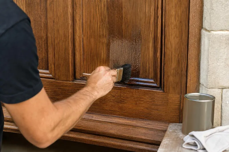 Manos aplicando barniz con brocha a una puerta de roble